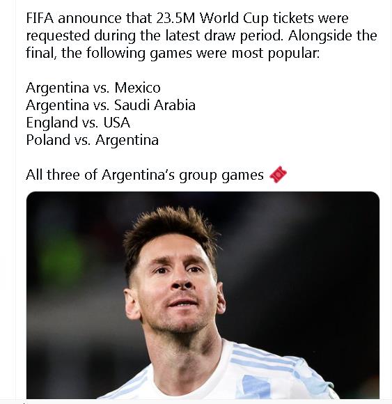 FIFA：世界杯门票销售最热的5场比赛 3场是阿根廷的